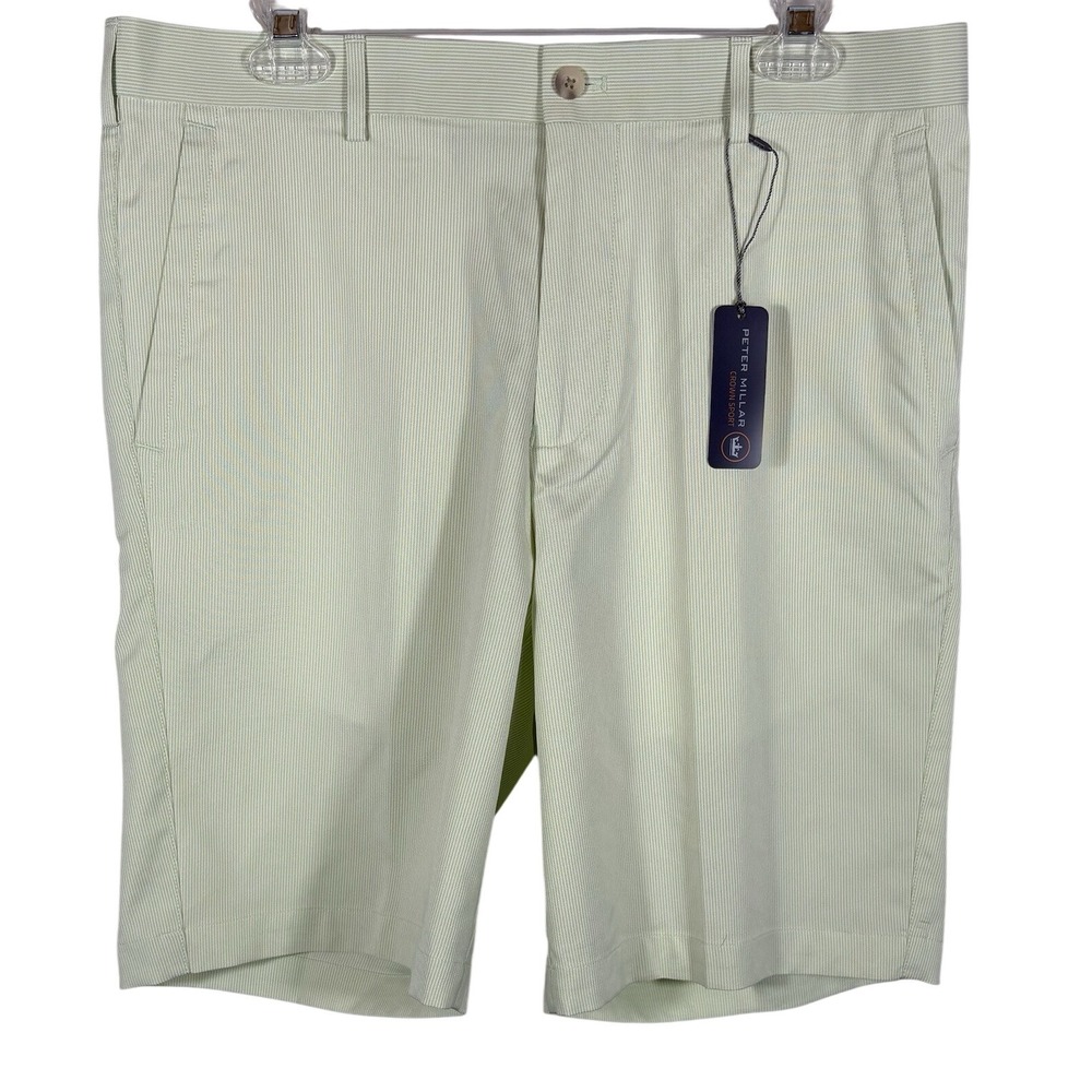 Peter Millar Mens 34 Crown Sport Shorts Green/White Striped Performance Golf 480